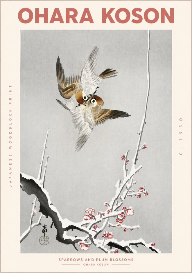 Ohara Koson Sparrows and Plum Blossoms No2 - Affiche