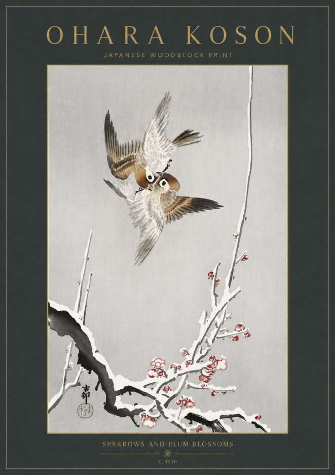 Ohara Koson Sparrows and Plum Blossoms No3 - Affiche
