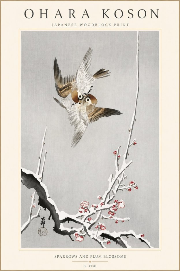 Ohara Koson Sparrows and Plum Blossoms No4 - Affiche