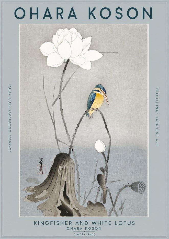Ohara Koson Kingfisher and White Lotus No2 - Affiche
