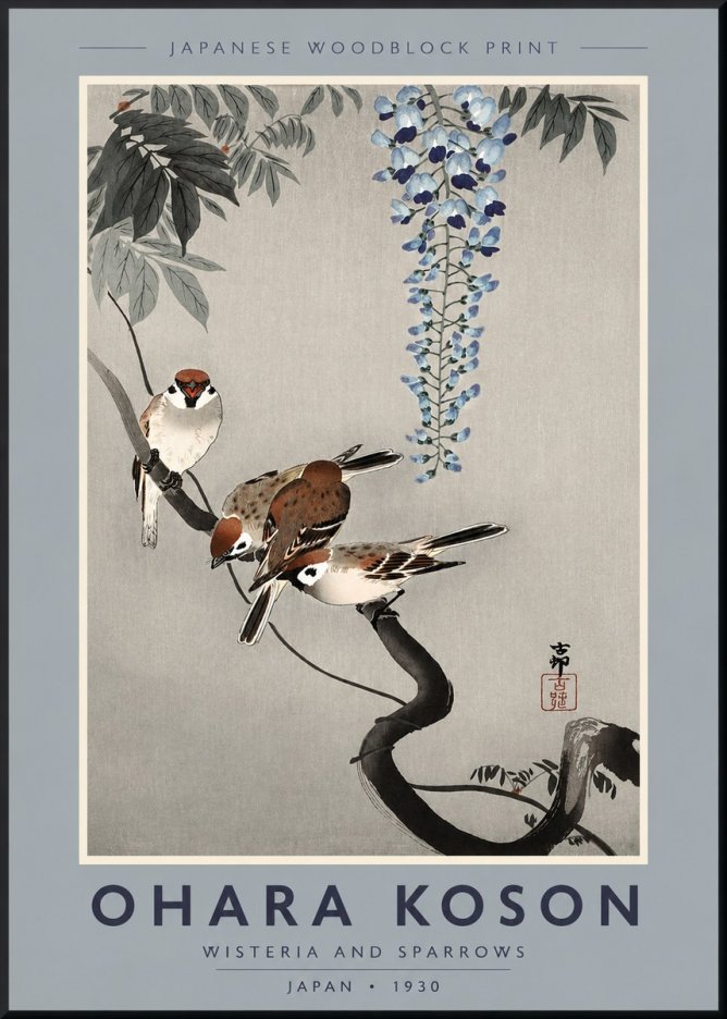 Ohara Koson Wisteria and Sparrows No2 - Affiche
