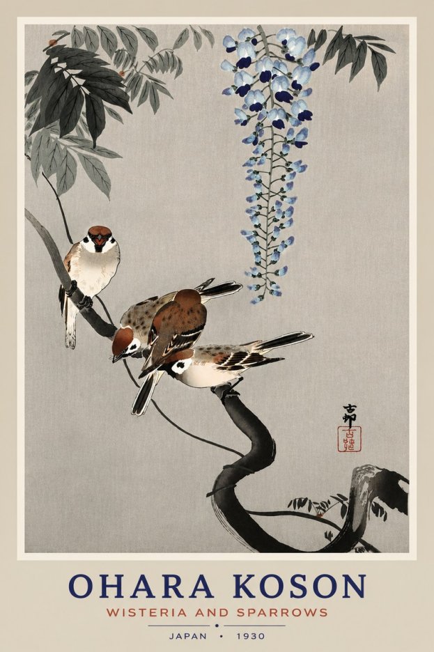 Ohara Koson Wisteria and Sparrows No4 - Affiche
