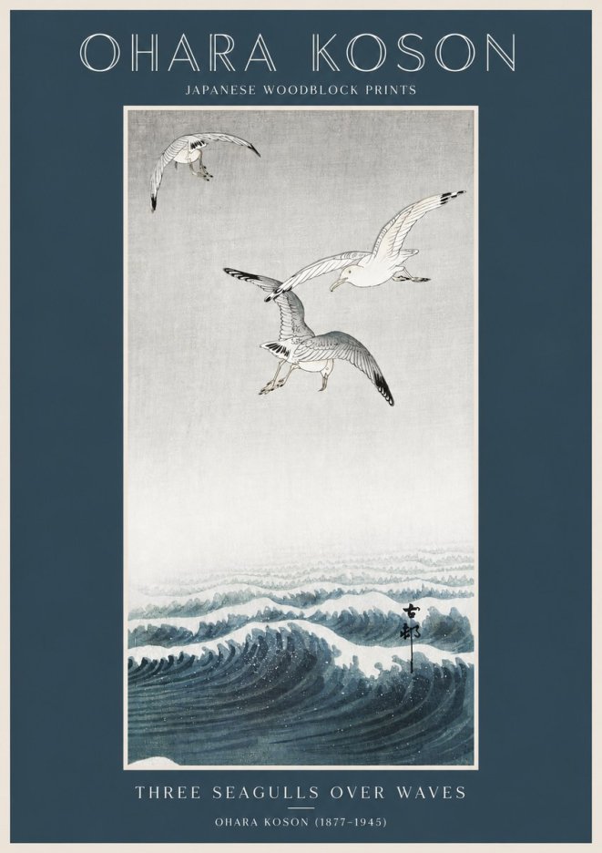 Ohara Koson Three Seagulls over Waves No2 - Affiche