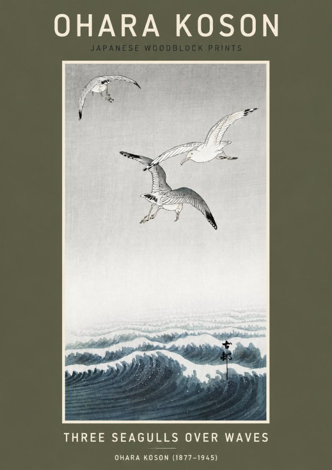 Ohara Koson Three Seagulls over Waves No3 - Affiche