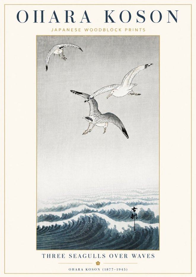 Ohara Koson Three Seagulls over Waves No4 - Affiche