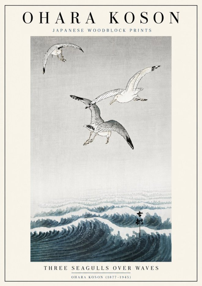 Ohara Koson Three Seagulls over Waves No6 - Affiche