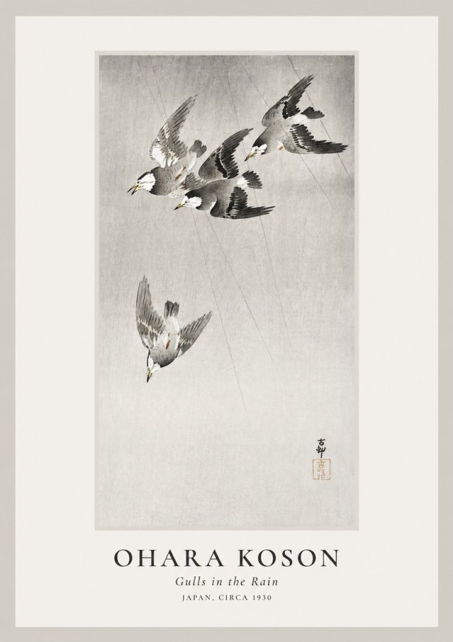 Ohara Koson Gulls in the Rain No1 - Affiche