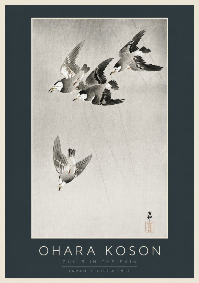 Ohara Koson Gulls in the Rain No2 - Affiche