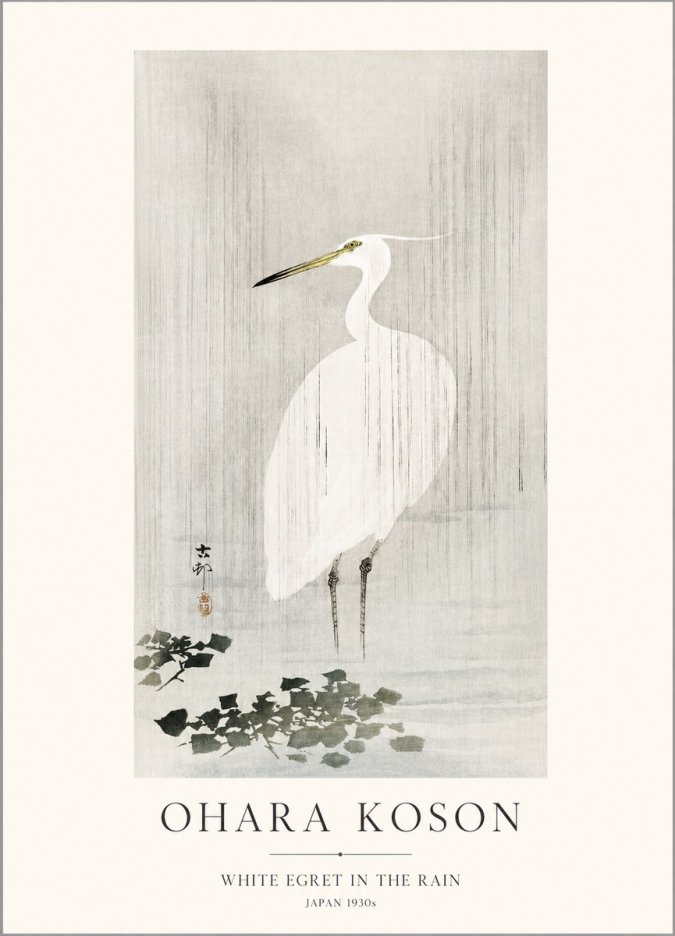 Ohara Koson White Egret in the Rain No1 - Affiche