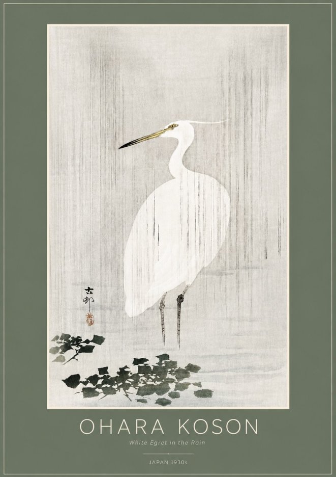 Ohara Koson White Egret in the Rain No2 - Affiche