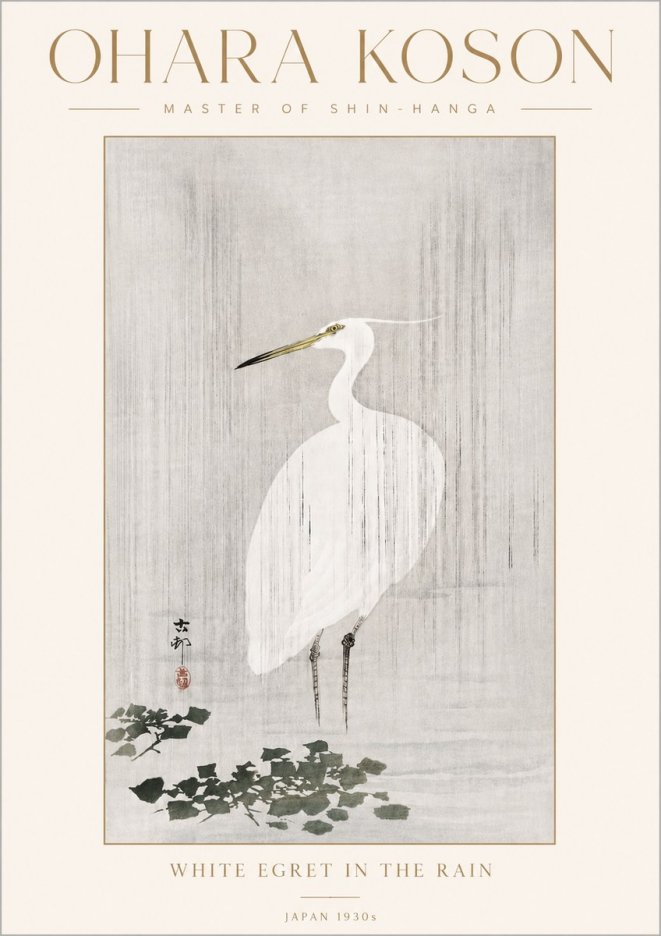 Ohara Koson White Egret in the Rain No4 - Affiche
