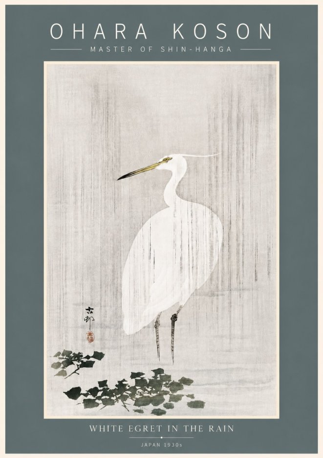 Ohara Koson White Egret in the Rain No5 - Affiche