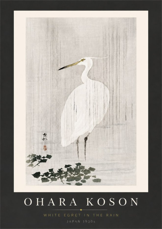 Ohara Koson White Egret in the Rain No6 - Affiche