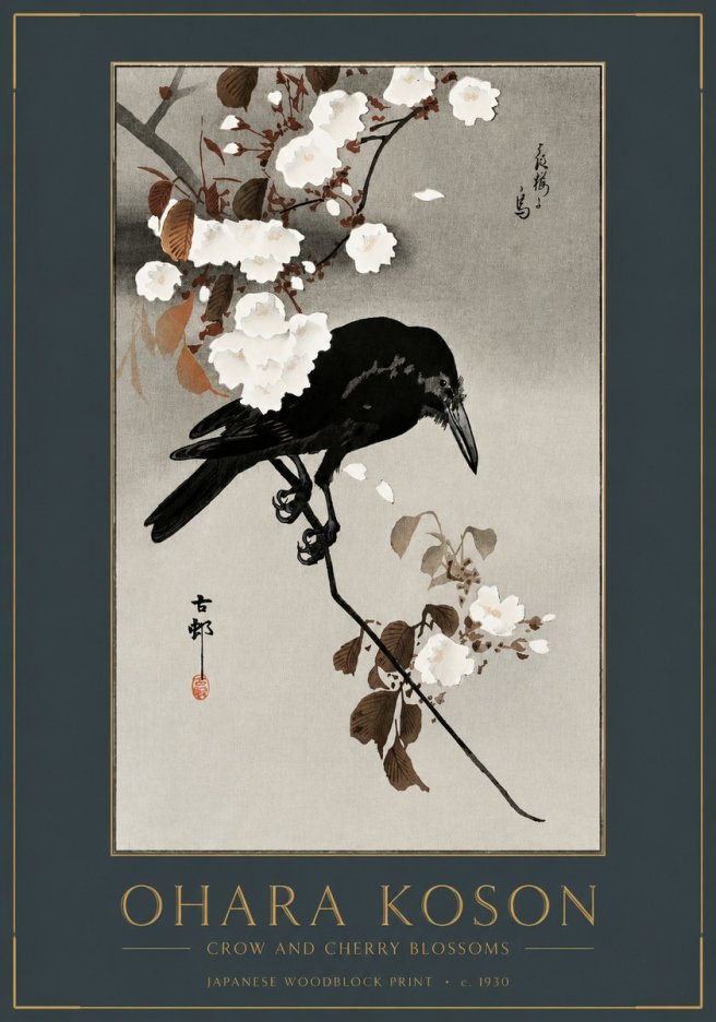 Ohara Koson Crow and Cherry Blossoms No2 - Affiche