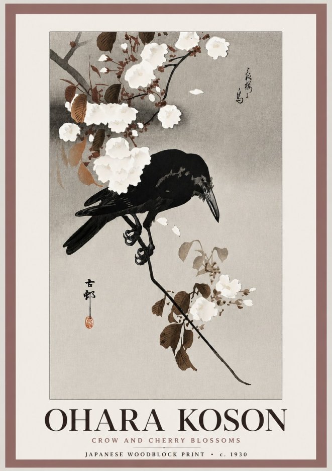 Ohara Koson Crow and Cherry Blossoms No3 - Affiche