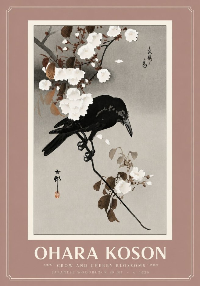Ohara Koson Crow and Cherry Blossoms No6 - Affiche