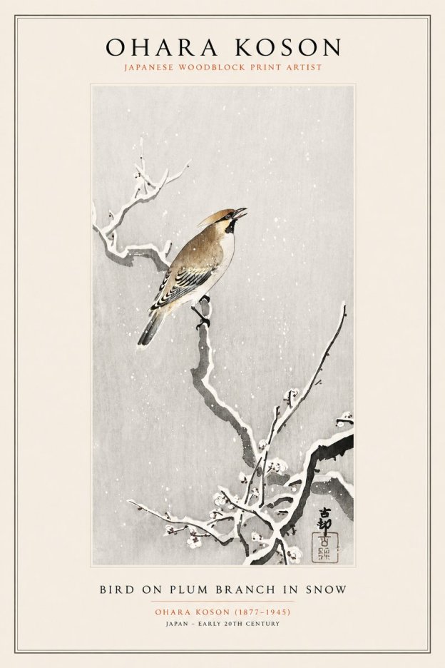Ohara Koson Bird on Plum Branch in Snow No1 - Affiche