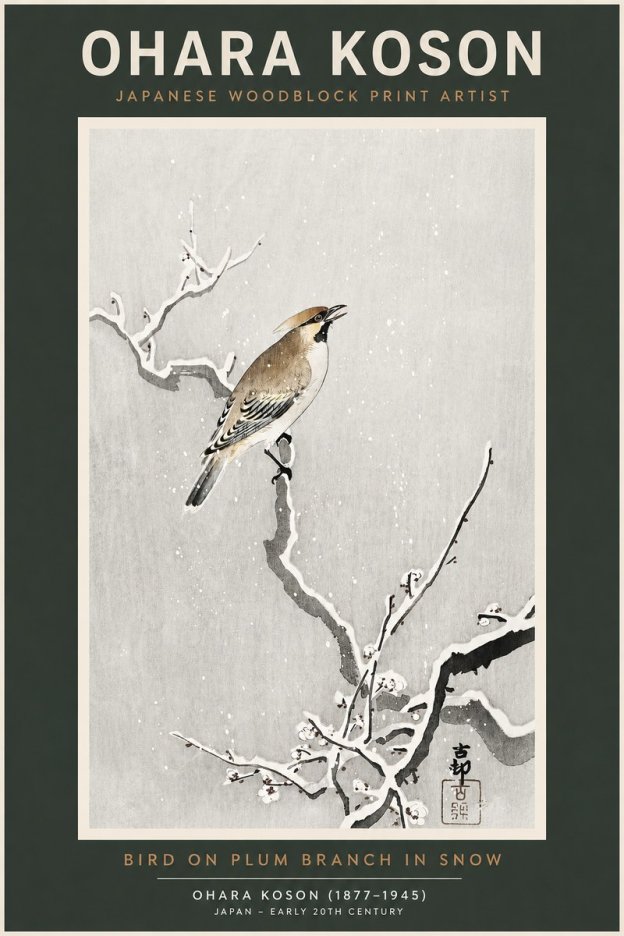 Ohara Koson Bird on Plum Branch in Snow No2 - Affiche