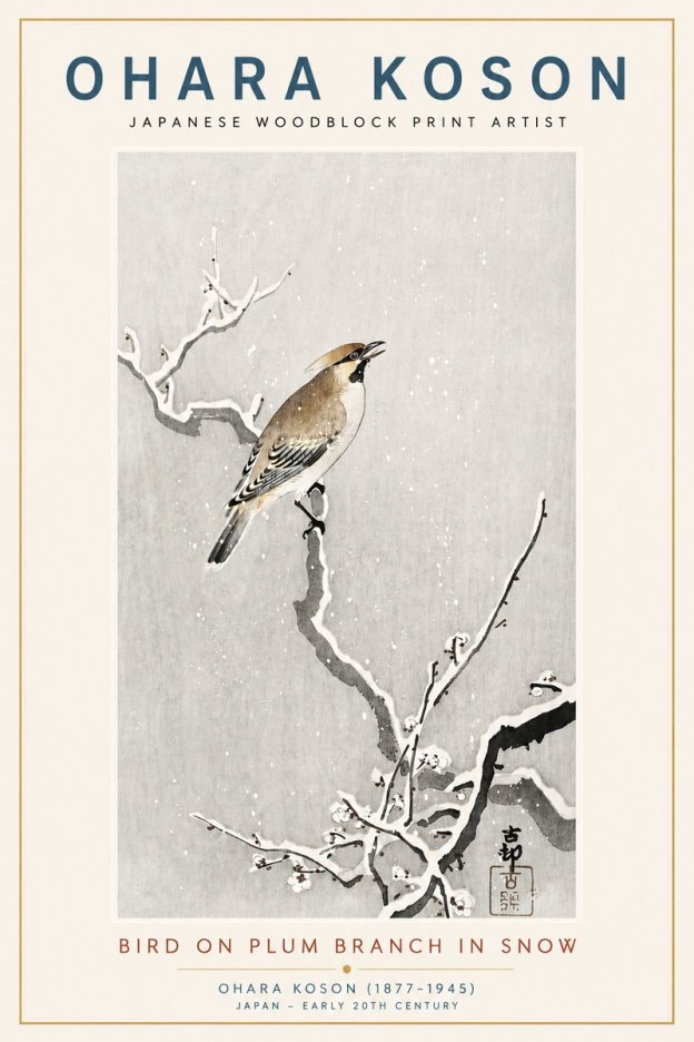 Ohara Koson Bird on Plum Branch in Snow No3 - Affiche