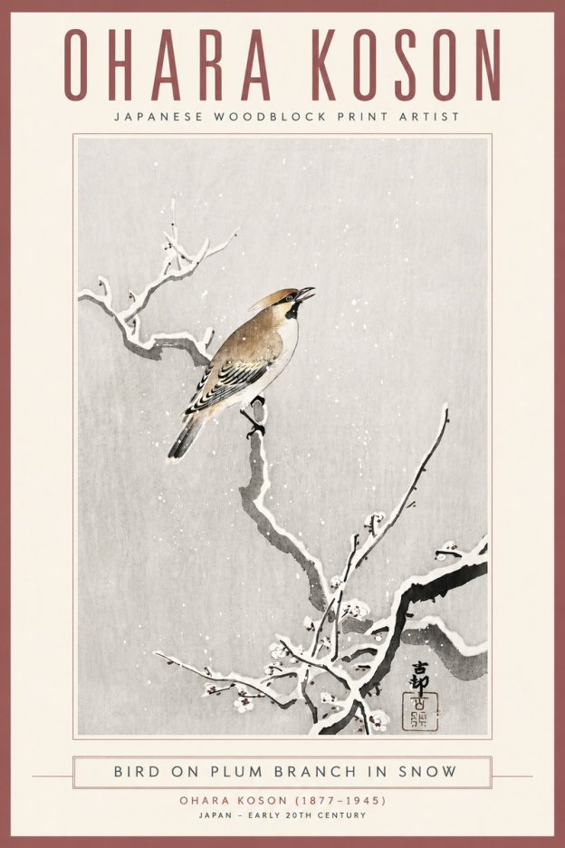 Ohara Koson Bird on Plum Branch in Snow No4 - Affiche