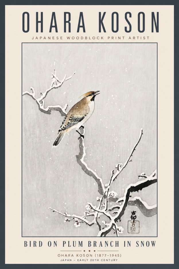 Ohara Koson Bird on Plum Branch in Snow No5 - Affiche