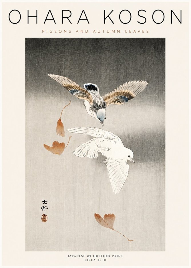 Ohara Koson Pigeons and Autumn Leaves No3 - Affiche