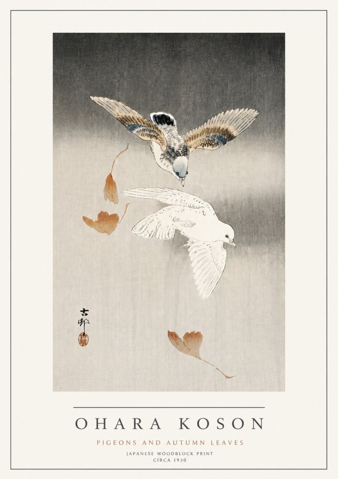 Ohara Koson Pigeons and Autumn Leaves No4 - Affiche