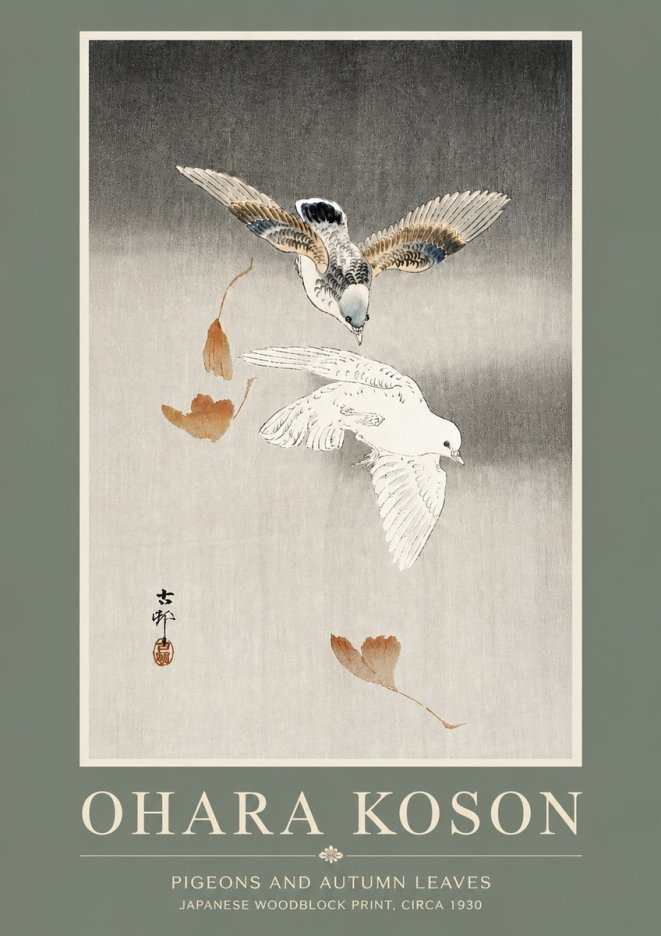 Ohara Koson Pigeons and Autumn Leaves No5 - Affiche
