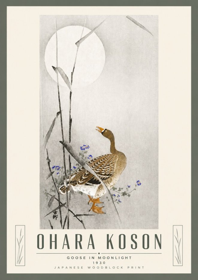 Ohara Koson Goose in Moonlight No5 - Affiche