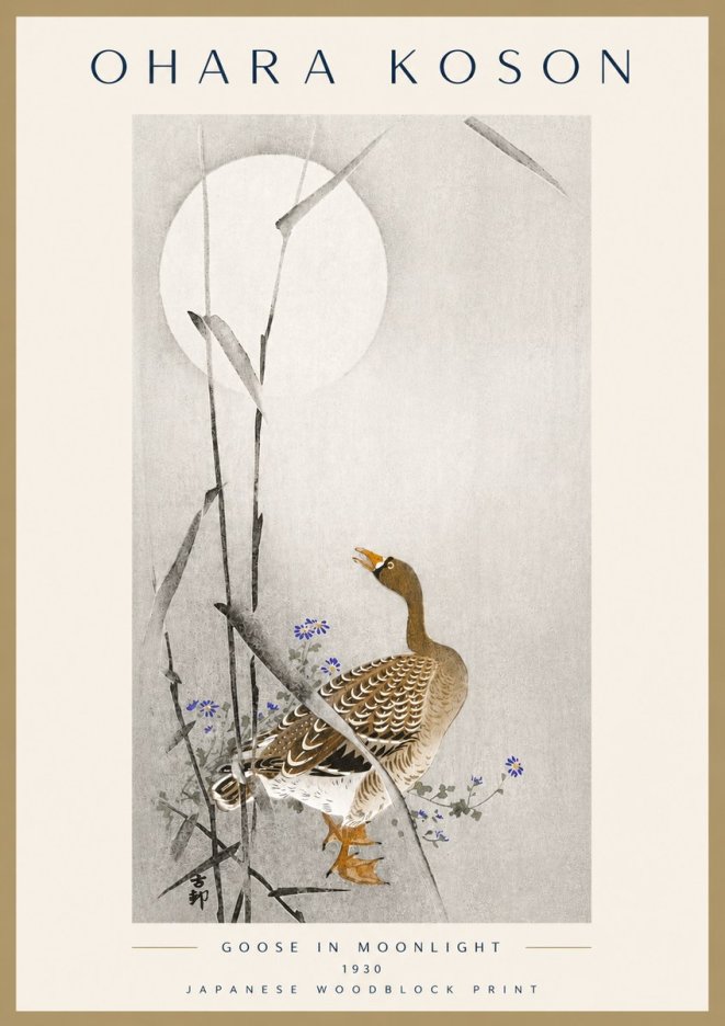 Ohara Koson Goose in Moonlight No6 - Affiche