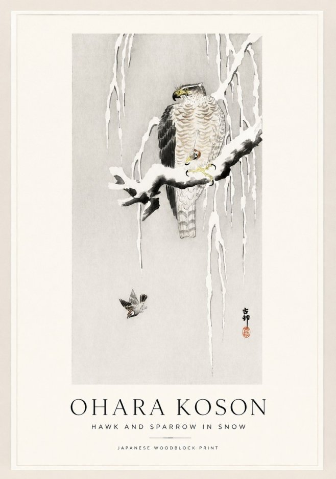 Ohara Koson Hawk and Sparrow in Snow No1 - Affiche