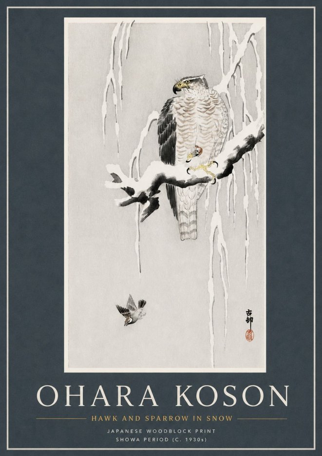 Ohara Koson Hawk and Sparrow in Snow No3 - Affiche
