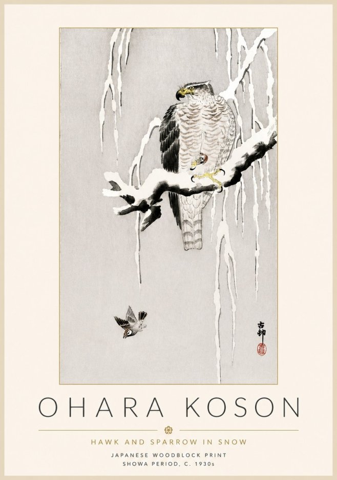Ohara Koson Hawk and Sparrow in Snow No4 - Affiche