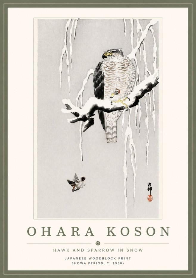 Ohara Koson Hawk and Sparrow in Snow No5 - Affiche