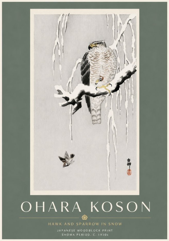 Ohara Koson Hawk and Sparrow in Snow No6 - Affiche