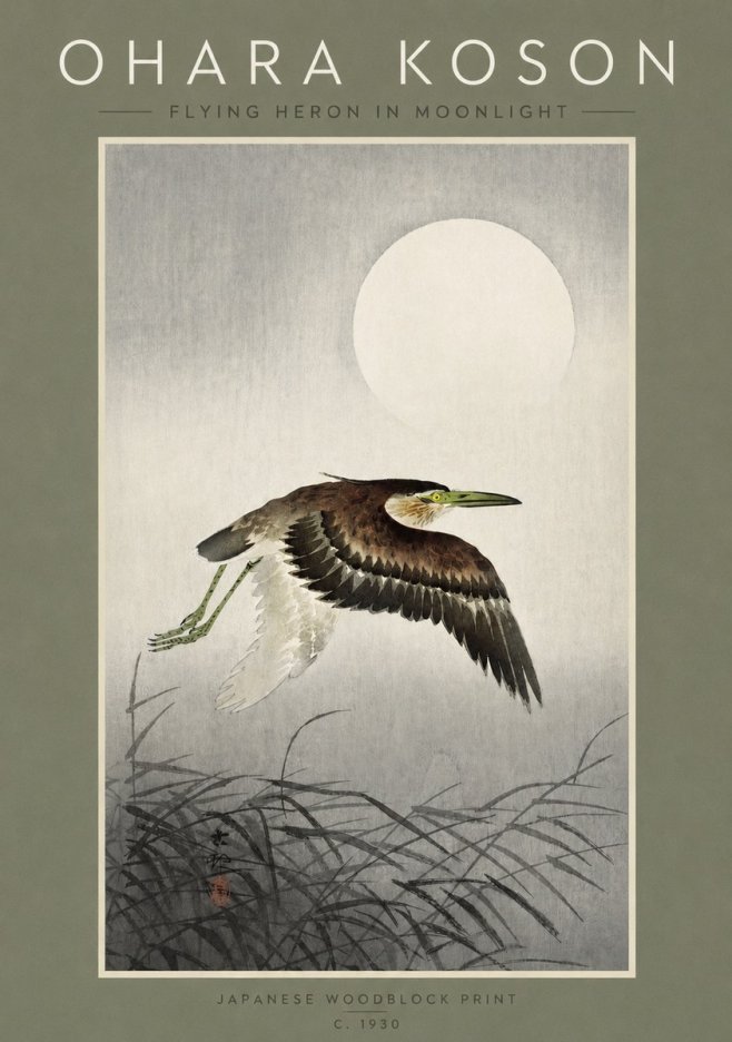Ohara Koson Flying Heron in Moonlight No2 - Affiche