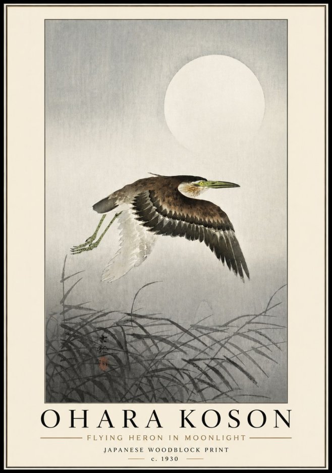 Ohara Koson Flying Heron in Moonlight No3 - Affiche