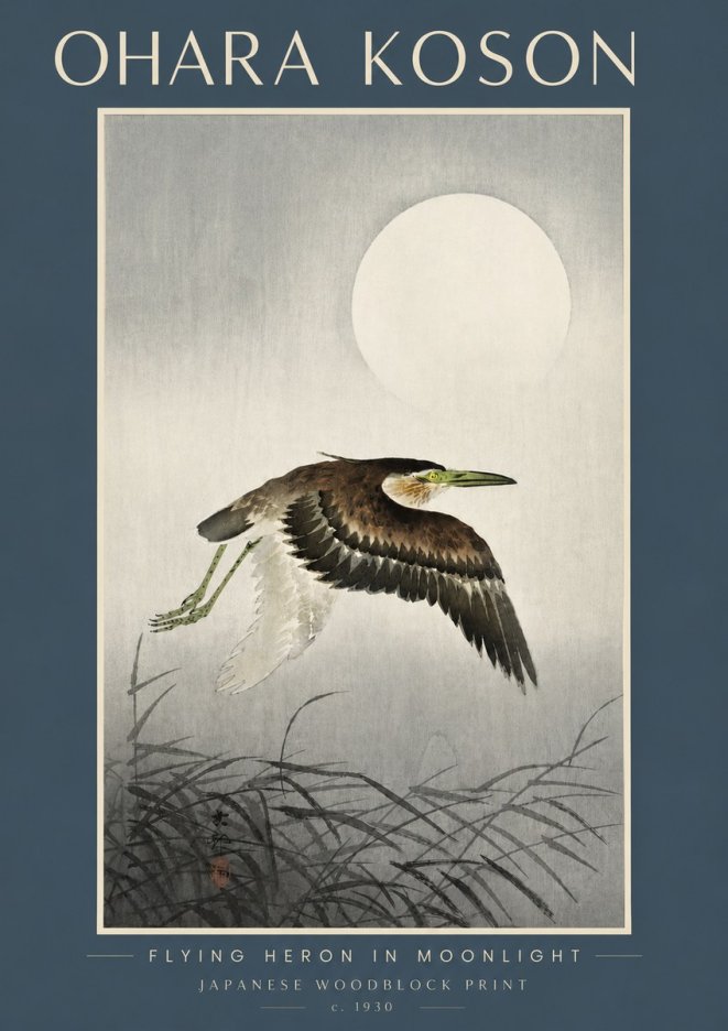 Ohara Koson Flying Heron in Moonlight No4 - Affiche