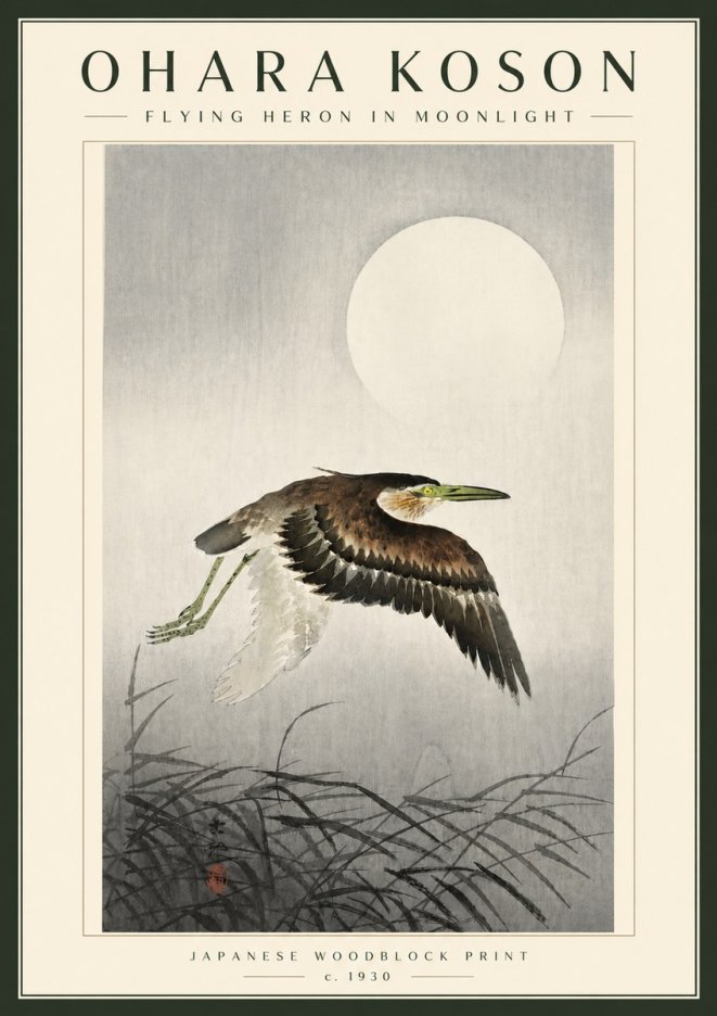 Ohara Koson Flying Heron in Moonlight No5 - Affiche