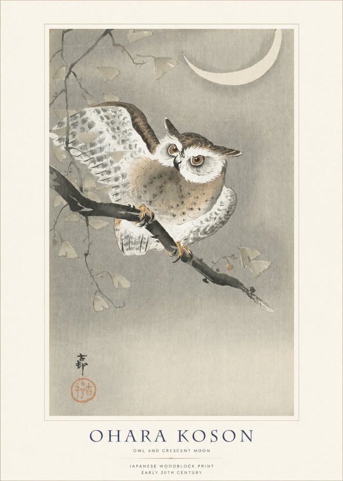 Ohara Koson Owl and Crescent Moon No1 - Affiche