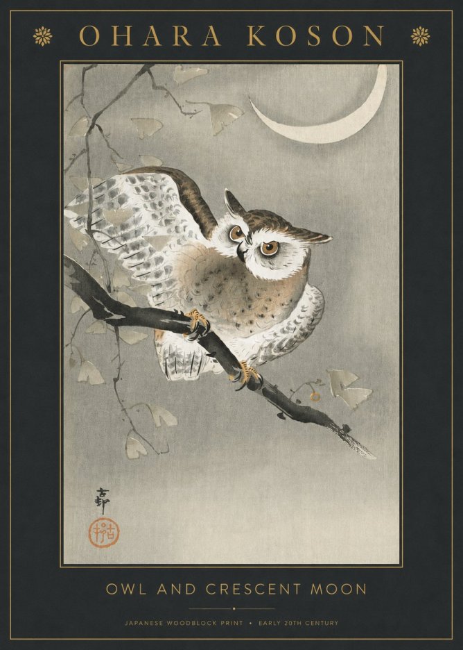Ohara Koson Owl and Crescent Moon No3 - Affiche