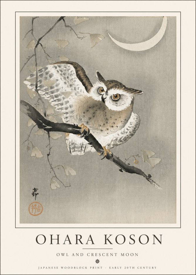 Ohara Koson Owl and Crescent Moon No5 - Affiche