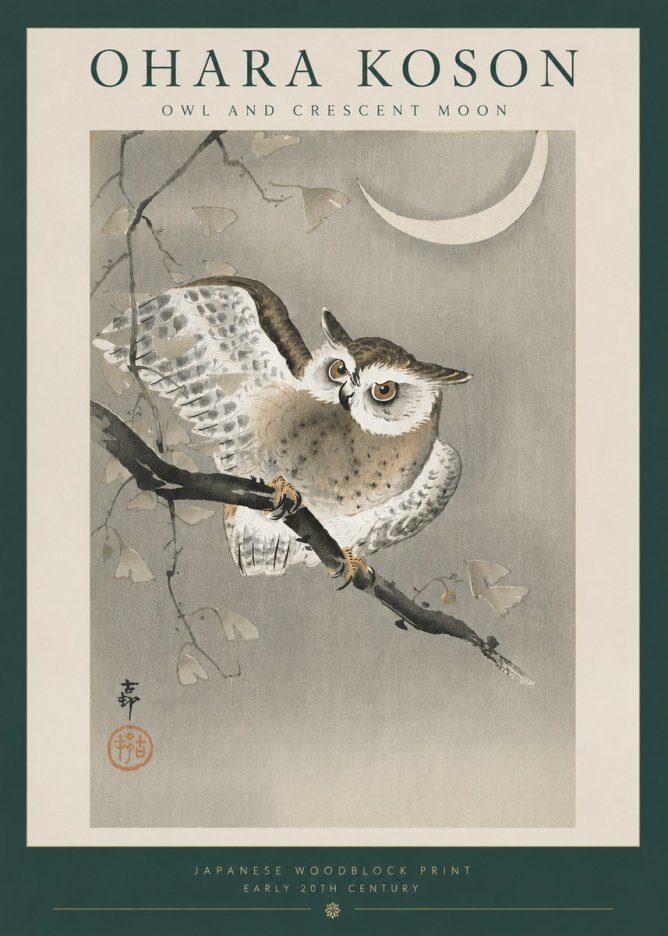 Ohara Koson Owl and Crescent Moon No6 - Affiche