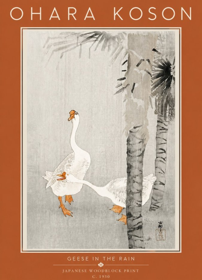 Ohara Koson Geese in the Rain No5 - Affiche