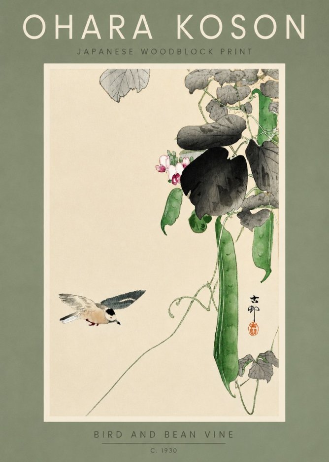 Ohara Koson Bird and Bean Vine No2 - Affiche