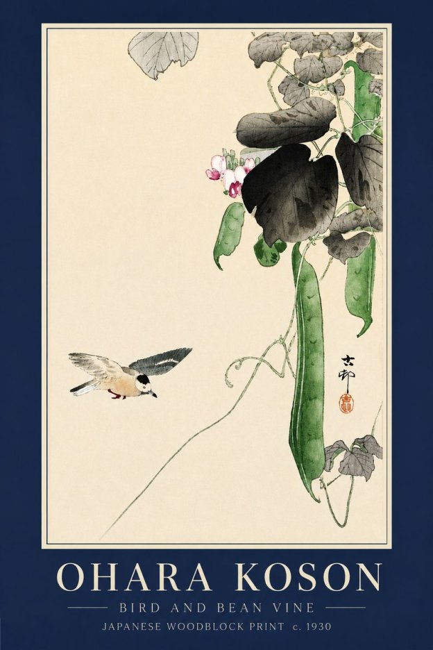 Ohara Koson Bird and Bean Vine No3 - Affiche