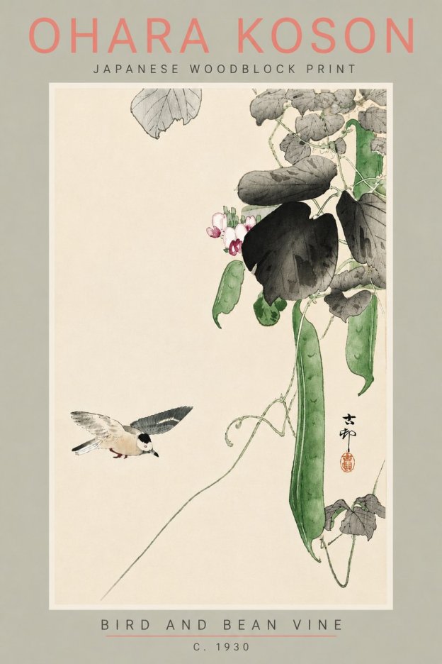 Ohara Koson Bird and Bean Vine No5 - Affiche