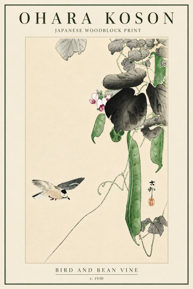 Ohara Koson Bird and Bean Vine No6 - Affiche