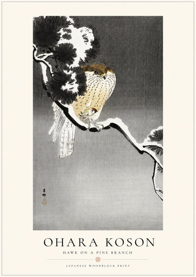 Ohara Koson Hawk on a Pine Branch No1 - Affiche