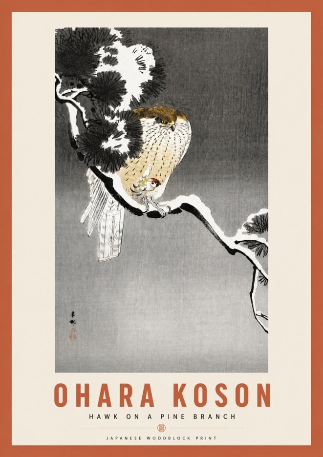 Ohara Koson Hawk on a Pine Branch No3 - Affiche